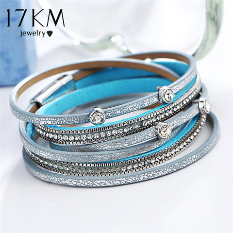 17KM New Design Crystal Beads Charms Bracelets For Women Men Fashion Multiple Layers Leather Bracelet Statement Party Jewelry