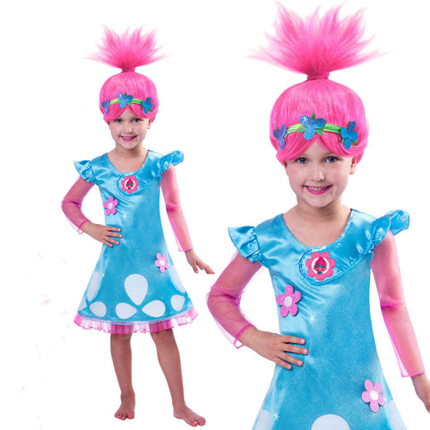 2018 children spring summer Trolls Poppy Magic Clothes cotton Birthday Party Dress Wig + dress Costumes for girl