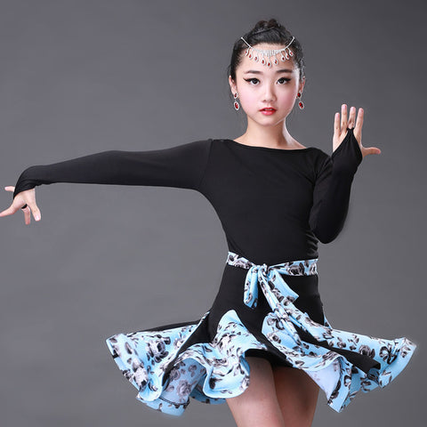 Children Latin Dance dress woman long sleeve Latin dancewear Girl print  Dress Children Dance costumes  Autumn/Winter