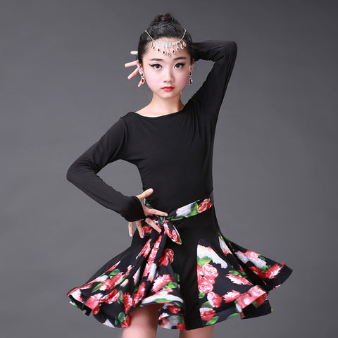 Children Latin Dance dress woman long sleeve Latin dancewear Girl print  Dress Children Dance costumes  Autumn/Winter